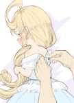  1girl adjusting_another's_clothes bare_shoulders blonde_hair blue_dress blush charlotta_fenia crown dress dressing dressing_another ear_blush from_behind from_side granblue_fantasy harvin holding holding_hair long_hair nose_blush out_of_frame pointy_ears pov pov_hands profile short_sleeves sketch solo_focus very_long_hair walkalone white_background 