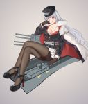  arm_at_side azur_lane black_footwear black_hat black_jacket blush breasts brown_gloves brown_legwear cape cleavage closed_mouth collarbone crossed_legs eyebrows_visible_through_hair full_body fur-trimmed_cape fur_trim gloves gradient graf_zeppelin_(azur_lane) grey_background hand_on_own_face hand_up hat high_heels iron_cross jacket knees_up large_breasts lips long_hair long_sleeves looking_at_viewer miniskirt muko_(kokia38) pantyhose pink_eyes silver_hair skirt smile solo straight_hair turret very_long_hair white_cape white_skirt 