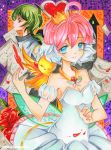 1girl ahiru_(duck) ahoge ballerina bare_shoulders bird blue_eyes breasts cleavage closed_eyes commentary crown duck fakir flower green_eyes green_hair heart highres jewelry larienne long_hair looking_away multicolored_hair necklace paper princess_tutu princess_tutu_(character) red_flower red_rose rose sad short_hair small_breasts tied_hair traditional_media tutu two-tone_hair 