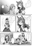  animal_ears ascot brooch comic dress drill_hair greyscale hat head_fins highres imaizumi_kagerou japanese_clothes jewelry kamishirasawa_keine kimono long_hair long_sleeves mermaid monochrome monster_girl multiple_girls obentou short_hair short_sleeves shukinuko touhou translated wakasagihime wide_sleeves wolf_ears 