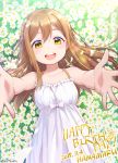  2018 :d blush brown_hair character_name dated dress flower from_above happy_birthday highres k@ito90p kunikida_hanamaru long_hair looking_at_viewer love_live! love_live!_sunshine!! lying on_back open_mouth sleeveless sleeveless_dress smile solo twitter_username white_dress yellow_eyes 