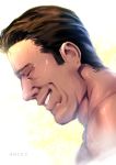  :d billy_herrington brown_hair closed_eyes commentary gachimuchi grin highres male_focus open_mouth portrait real_life smile solo teeth try upper_body white_background 