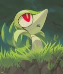 cloudy_sky commentary creature dated gen_5_pokemon grass green_skin looking_away looking_up no_humans open_mouth outdoors pokemon pokemon_(creature) red_eyes rock-bomber signature sky snivy solo standing teeth 