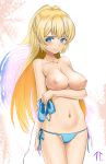  abs arm_under_breasts ban_yang bangs bikini bikini_top_removed blonde_hair blue_bikini blue_eyes blush breast_hold breasts highres holding_clothes large_breasts long_hair looking_at_viewer navel nipples puffy_nipples purple_eyes regalia_the_three_sacred_stars side-tie_bikini sidelocks signature smile solo standing swimsuit yuinshiel_asteria 