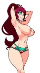  1girl areolae armpits arms_behind_head arms_up belly breasts curvy eyebrows green_eyes inverted_nipples large_breasts long_hair nipples panties ponytail pubic_hair pussy pyrrha_nikos red_hair rwby smile solo stomach tied_hair underwear wide_hips 