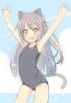  :d animal_ears arms_up bangs bare_arms bare_shoulders black_swimsuit blue_sky blush brown_eyes brown_hair cat_ears cat_girl cat_tail cloud commentary_request cowboy_shot day eyebrows_visible_through_hair fang hair_between_eyes long_hair looking_at_viewer meito_(maze) one-piece_swimsuit open_mouth original outdoors outstretched_arms school_swimsuit sky smile solo swimsuit tail very_long_hair 