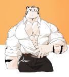 2018 abs anthro biceps clothed clothing digital_media_(artwork) feline fully_clothed fur kemono male mammal muscular muscular_male open_shirt pecs shirt syukapong tiger white_tiger 