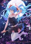  :d alternate_costume arm_up backlighting bangs bare_arms bare_shoulders black_dress blue_eyes blue_hair collarbone dress eyebrows_visible_through_hair full_body full_moon fur-trimmed_dress grin hair_ribbon hatsune_miku hourglass long_hair looking_at_viewer moon moonlight muko_(kokia38) no_shoes open_mouth petals red_ribbon ribbon smile solo sparkle string teeth thighhighs twintails very_long_hair vocaloid water_drop white_legwear zettai_ryouiki 