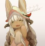  animal_ears artist_name blush character_name dated eyebrows_visible_through_hair furry long_hair looking_at_viewer made_in_abyss nanachi_(made_in_abyss) nyani open_mouth smile solo twitter_username white_hair yellow_eyes 