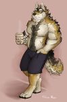  anthro beard canine clothed clothing cup facial_hair fur hair male mammal mature_male muscular muscular_male solo standing tilionmaia topless 