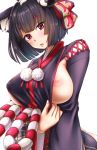  animal_ears areolae ass azur_lane bangs black_hair black_kimono bob_cut breasts cat_ears covered_nipples eyebrows eyebrows_visible_through_hair eyelashes fang fingernails hair_ribbon head_tilt inverted_nipples japanese_clothes kimono kimono_pull kobamiso_(kobalt) large_breasts long_sleeves looking_at_viewer mask mask_on_head nipples open_mouth pom_pom_(clothes) pulled_by_self red_eyes red_ribbon ribbon rope shimenawa short_hair simple_background solo white_background wide_sleeves yamashiro_(azur_lane) 