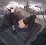  black_blindfold black_dress black_hairband blacktheif blindfold boots cleavage_cutout commentary covered_eyes dress facing_viewer feather-trimmed_sleeves full_body hairband high_heel_boots high_heels highleg highleg_leotard highres juliet_sleeves leotard long_sleeves nier_(series) nier_automata pink_lips puffy_sleeves reclining ruins short_dress side_slit silver_hair solo thigh_boots thighhighs thighhighs_under_boots turtleneck urban vambraces white_leotard yorha_no._2_type_b 
