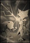  2018 5_eyes anthro armor black_border border canine clothed clothing dipstick_ears disney duo female fox halo holding_object holding_weapon judy_hopps lagomorph male mammal melee_weapon monochrome multi_eye nick_wilde polearm rabbit standing sword thewyvernsweaver trident weapon zootopia 