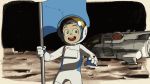  80s animated animated_gif astronaut astronaut_helmet black_sky commentary flag grin jumping male_focus moon oldschool original smile solo space space_craft spacesuit tim_yan work_in_progress 
