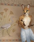  2017 5_fingers anthro clothed clothing detailed_background digital_media_(artwork) dschunai feline fur male mammal serval solo spots spotted_fur standing topless yellow_eyes yellow_fur 