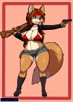  2018 big_breasts bikini bikini_top boots breasts brown_hair butt canine clothing coyote dianne dreamcastzx1 female footwear gun hair handgun headband huge_breasts huge_thighs jacket mammal pistol pose purple_eyes ranged_weapon rifle shorts sniper_rifle solo swimsuit tongue tongue_out voluptuous weapon 