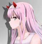  closed_mouth commentary_request darling_in_the_franxx green_eyes hairband horns long_hair looking_at_viewer pink_hair shadow sleeveless solo straight_hair taku3949 white_hairband zero_two_(darling_in_the_franxx) 