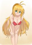  antenna_hair bangs bare_legs bare_shoulders bent_over bikini blonde_hair blush breasts cleavage closed_mouth collarbone eyebrows_visible_through_hair feet_out_of_frame gradient gradient_background green_eyes hair_between_eyes hair_ornament highres large_breasts long_hair red_bikini sanpaku shinwota shiny shiny_hair solo sparkle standing swimsuit tareme tsurumaki_maki very_long_hair voiceroid yellow_background 