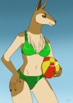  2012 anthro ball beach_ball big_breasts bikini biped blue_background breasts brown_eyes brown_fur brown_nails brown_nose butt_from_front camelid chest_tuft clothed clothing countershade_face countershade_legs countershade_torso countershading digital_drawing_(artwork) digital_media_(artwork) eyebrows female fur fur_tuft green_clothing half-length_portrait hand_on_hip holding_ball holding_object humanoid_hands lighting mammal midriff multicolored_fur navel noet portrait shadow simple_background skimpy small_waist smile snout solo standing swimsuit tan_countershading tan_fur tuft two_tone_fur vicu&ntilde;a 