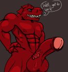  anthro big_penis blue_eyes crimson dialogue dinosaur evergreenplate male muscular penis red_skin solo text theropod tyrannosaurus_rex vein 