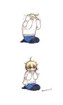  2koma ahoge artoria_pendragon_(all) blonde_hair blush braid comic commentary_request fate/stay_night fate_(series) french_braid green_eyes messy_hair nabenko pantyhose saber seiza simple_background sitting skirt solo sweater twitter_username white_background 