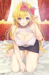  artist_name bare_shoulders barefoot blonde_hair blue_eyes blush bow breasts cleavage collarbone commission damda eyebrows_visible_through_hair hair_bow large_breasts long_hair looking_at_viewer original parted_lips red_bow seiza sitting smile solo 