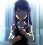  1girl aqua_eyes child dagashi_kashi expressionless female headband long_hair purple_hair screencap shidare_hotaru solo stitched 