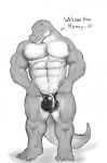  alligator anthro bulge clothing crocodilian english_text greyscale looking_at_viewer male monochrome muscular muscular_male pecs penis_outline reptile scalie solo standing text tilionmaia underwear 