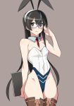  adapted_costume animal_ears black_hair book breasts brown_background brown_legwear bunny_ears bunnysuit cowboy_shot detached_collar fake_animal_ears glasses green_eyes hairband kantai_collection leotard long_hair looking_at_viewer ooyodo_(kantai_collection) red_neckwear semi-rimless_eyewear simple_background small_breasts solo strapless strapless_leotard thighhighs under-rim_eyewear webslinger white_leotard wrist_cuffs 