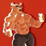  2018 5_fingers abs anthro biceps bovine clothed clothing digital_media_(artwork) fur horn kemono male mammal muscular muscular_male nipples pants pecs simple_background syukapong topless 