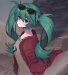  brown_shirt closed_mouth earrings expressionless eyebrows_visible_through_hair eyewear_on_head green_eyes green_hair hatsune_miku jacket jewelry kyundoo long_hair looking_at_viewer red_jacket sand shirt solo suna_no_wakusei_(vocaloid) sunglasses twintails upper_body vocaloid 