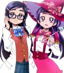  black-framed_eyewear blue_eyes blue_neckwear bow bowtie closed_mouth futari_wa_precure glasses hair_ornament hairclip hat izayoi_liko long_hair looking_at_viewer mahou_girls_precure! manji_(tenketsu) multiple_girls open_mouth pink_eyes pink_neckwear precure purple_hair round_teeth simple_background sketch smile teeth verone_gakuin_school_uniform white_background witch_hat yukishiro_honoka 