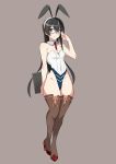  adapted_costume animal_ears black_hair book breasts brown_background brown_legwear bunny_ears bunnysuit commentary_request detached_collar fake_animal_ears full_body glasses green_eyes hairband highres hip_bones kantai_collection leotard long_hair looking_at_viewer ooyodo_(kantai_collection) red_neckwear semi-rimless_eyewear simple_background small_breasts solo strapless strapless_leotard thighhighs under-rim_eyewear webslinger white_leotard wrist_cuffs 