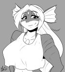  anthro clothed clothing ear_fins female fin gem greyscale hair looking_at_viewer marine merfolk miren monochrome ryousakai scalie simple_background smile solo 