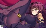  ass bodysuit breasts covered_navel covered_nipples fate/grand_order fate_(series) highres large_breasts long_hair lying on_back pauldrons purple_eyes purple_hair scathach_(fate)_(all) scathach_(fate/grand_order) smile solo tsurugi_ai_(seikan_hitchhiker) 