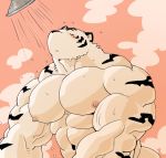  2018 abs anthro biceps digital_media_(artwork) feline fur kemono male mammal muscular muscular_male nipples pecs shower syukapong tiger water white_tiger 