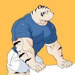  2018 5_fingers anthro biceps clothed clothing digital_media_(artwork) feline fully_clothed fur kemono male mammal muscular muscular_male shirt simple_background syukapong tiger white_tiger 