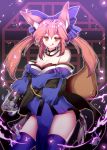  animal_ears bad_id bad_pixiv_id bare_shoulders blue_bow blue_legwear blush bow breasts cleavage closed_mouth collarbone commentary_request detached_sleeves eyebrows_visible_through_hair fate/extra fate/grand_order fate_(series) fox_ears fox_tail hair_bow harin_0 japanese_clothes large_breasts long_hair looking_at_viewer pink_hair smile solo tail tamamo_(fate)_(all) tamamo_no_mae_(fate) thighhighs tongue tongue_out twintails yellow_eyes 