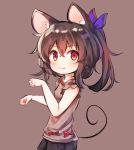  1girl animal_ears arms_up black_hair black_shorts brown_shirt clenched_hands from_side highres kosobin long_hair looking_at_viewer mouse_ears mouse_tail original paw_pose ponytail red_eyes ribbon shirt shorts smile solo tail upper_body 