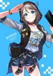  badge blue_background blue_eyes bracelet button_badge character_name choker clothes_around_waist cowboy_shot denim denim_shorts earbuds earphones grey_hair hood hood_up hooded_jacket horns hyugo jacket jewelry love_live! love_live!_sunshine!! md5_mismatch o-ring o-ring_choker plaid plaid_shirt print_shirt salute shirt shirt_around_waist short_hair short_shorts shorts smile solo watanabe_you 