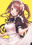  :d apron bangs black_dress blush breasts brown_eyes brown_hair dress eyebrows_visible_through_hair frilled_apron frills half_updo highres idolmaster idolmaster_cinderella_girls large_breasts long_hair looking_at_viewer maid maid_apron maid_headdress mery_(apfl0515) one_side_up open_mouth puffy_short_sleeves puffy_sleeves ribbon-trimmed_apron ribbon-trimmed_clothes ribbon-trimmed_sleeves ribbon_trim shimamura_uzuki short_sleeves side_ponytail simple_background smile solo swept_bangs upper_body yellow_background 