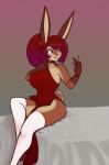  2018 5_fingers anthro beckoning bed big_breasts black_nose bracelet breasts brown_fur brown_tail choker clothed clothing digital_media_(artwork) dress female flower flower_in_hair front_view fur gradient_background gradient_hair hair hi_res humanoid_hands jewelry kess_(scorpdk) lagomorph legwear long_ears long_hair mammal multicolored_fur multicolored_hair on_bed open_mouth plant purple_eyes purple_hair rabbit red_clothing red_dress red_hair scorpdk simple_background sitting solo stockings tan_fur two_tone_hair white_clothing white_legwear white_stockings 