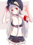  armband artist_name bare_shoulders black_choker blush breasts choker cleavage collarbone cross_choker damda eyebrows_visible_through_hair girls_frontline iron_cross kar98k_(girls_frontline) long_hair looking_at_viewer medium_breasts navel parted_lips red_eyes solo very_long_hair white_hair 