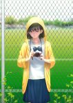  absurdres bad_revision black_eyes black_hair blurry bow bowtie camera chain-link_fence cowboy_shot depth_of_field downscaled_revision fence highres hood hoodie md5_mismatch mole mole_under_eye original rungsak_sontayanont school_uniform short_hair skirt solo 