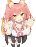  alternate_costume animal_ears applepie_(12711019) blush breasts cleavage clothes_around_waist commentary_request fate/extella fate/extra fate/grand_order fate_(series) fox_ears fox_tail highres jacket_around_waist large_breasts long_hair looking_at_viewer open_mouth paw_pose pink_hair school_uniform shirt simple_background skirt smile solo tail tamamo_(fate)_(all) tamamo_jk_(fate) tamamo_no_mae_(fate) twintails unbuttoned white_background yellow_eyes 