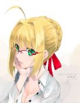  ahoge bespectacled blonde_hair braid breasts chin_rest cleavage dress_shirt fate/extra fate/extra_ccc fate_(series) french_braid glasses green_eyes hair_intakes looking_at_viewer medium_breasts nero_claudius_(fate) nero_claudius_(fate)_(all) over-rim_eyewear parted_lips red-framed_eyewear ribbon semi-rimless_eyewear shirotsumekusa shirt short_hair smile solo upper_body 
