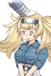 blonde_hair blue_shirt breast_pocket breasts enjaku_izuku flying_sweatdrops gambier_bay_(kantai_collection) hair_between_eyes hand_on_another's_head highres kantai_collection large_breasts long_hair open_mouth out_of_frame petting pocket shirt simple_background single_hand solo_focus twintails upper_body white_background 