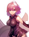  ahoge arm_guards armor armored_leotard bangs bare_shoulders black_leotard breasts closed_mouth cowboy_shot detached_sleeves fate/grand_order fate_(series) hair_between_eyes highres impossible_clothes impossible_leotard leotard looking_at_viewer mash_kyrielight pink_hair purple_eyes shield shiny shiny_hair short_hair signature simple_background smile solo standing ukimesato white_background 