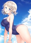  arched_back bare_arms bare_legs blue_eyes blue_swimsuit breasts cloud cloudy_sky day from_side gorua_(youce01) grey_hair highres large_breasts light_blush looking_at_viewer love_live! love_live!_sunshine!! md5_mismatch one-piece_swimsuit open_mouth revision short_hair sky solo swimsuit thighs watanabe_you 
