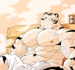  2018 abs anthro biceps digital_media_(artwork) feline fur hourglass kemono male mammal muscular muscular_male nipples pecs steam sweat syukapong tiger white_tiger 